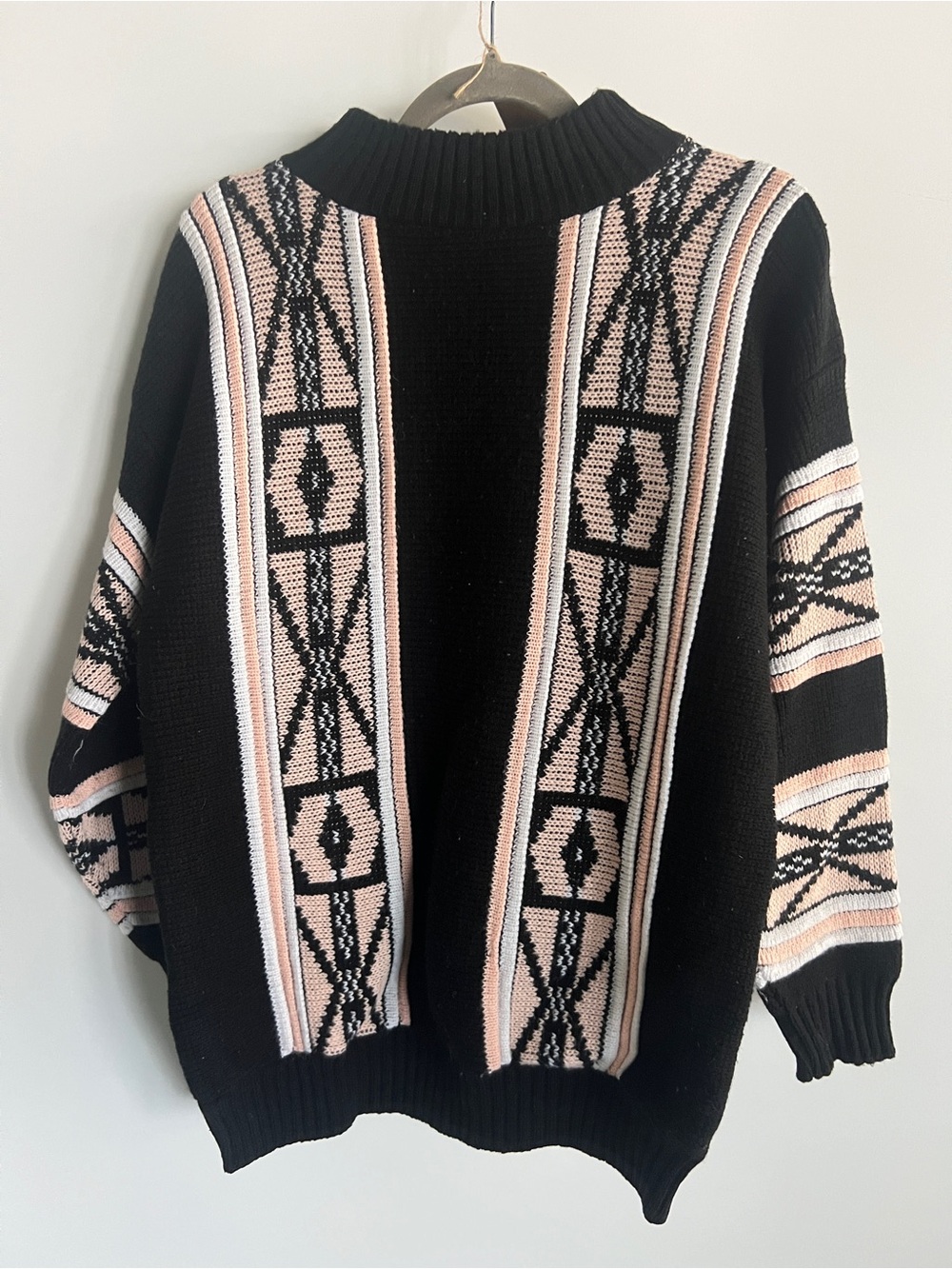 Vintage Black Sweater with Blush Geometric Panels - Women